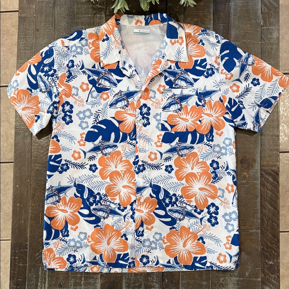 Columbia PFG Trollers Best Vented Fishing Shirt Floral Fish Print Medium